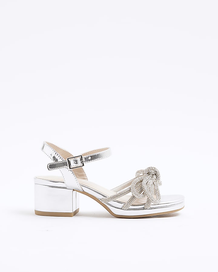 Girls Silver Embellished Block Heeled Sandals