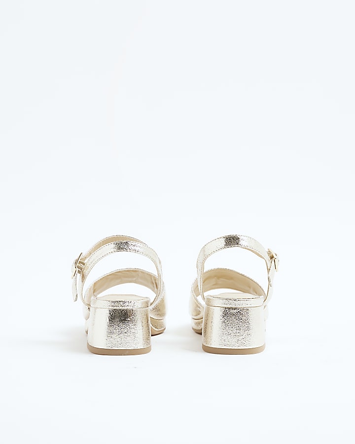 Girls Gold Heart Trimmed Block Heeled Sandals