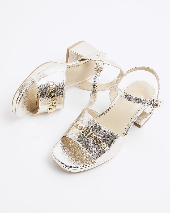 Girls Gold Heart Trimmed Block Heeled Sandals