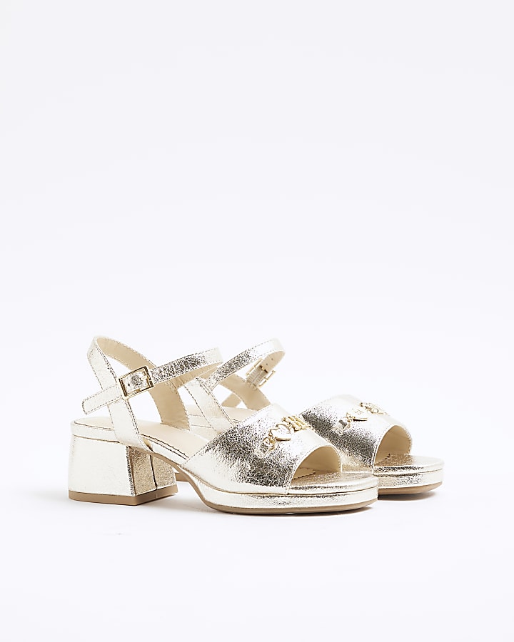 Girls Gold Heart Trimmed Block Heeled Sandals