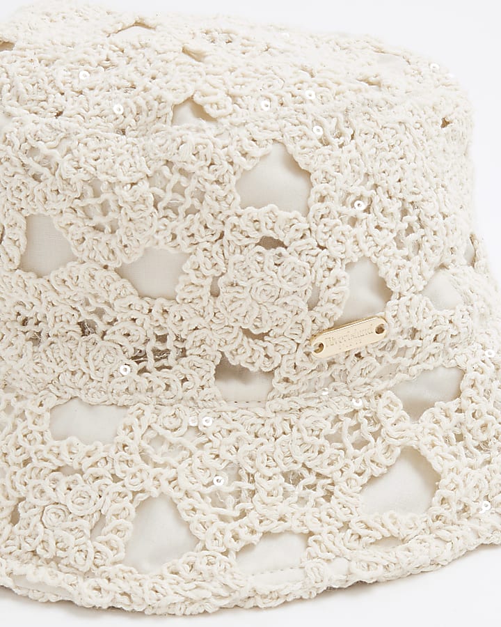 Girls Beige Sequin Crochet Bucket Hat