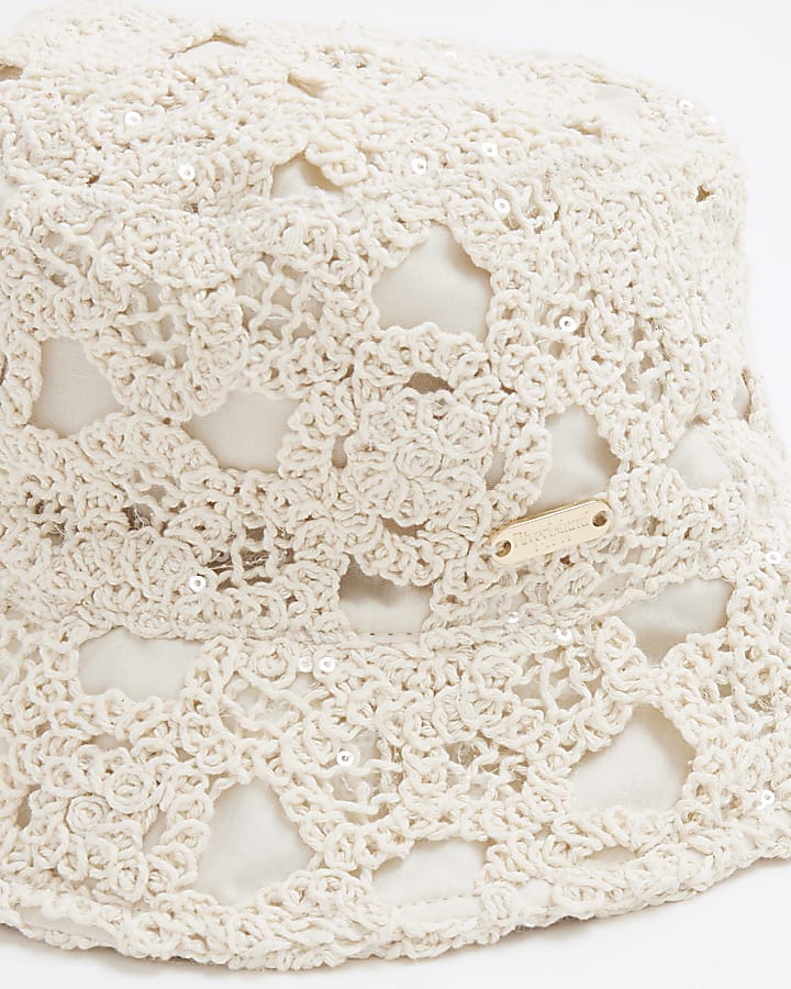 Girls Beige Crochet Bucket Hat