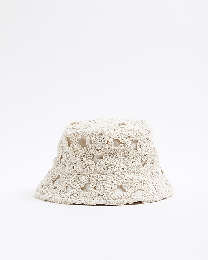 Girls Beige Sequin Crochet Bucket Hat