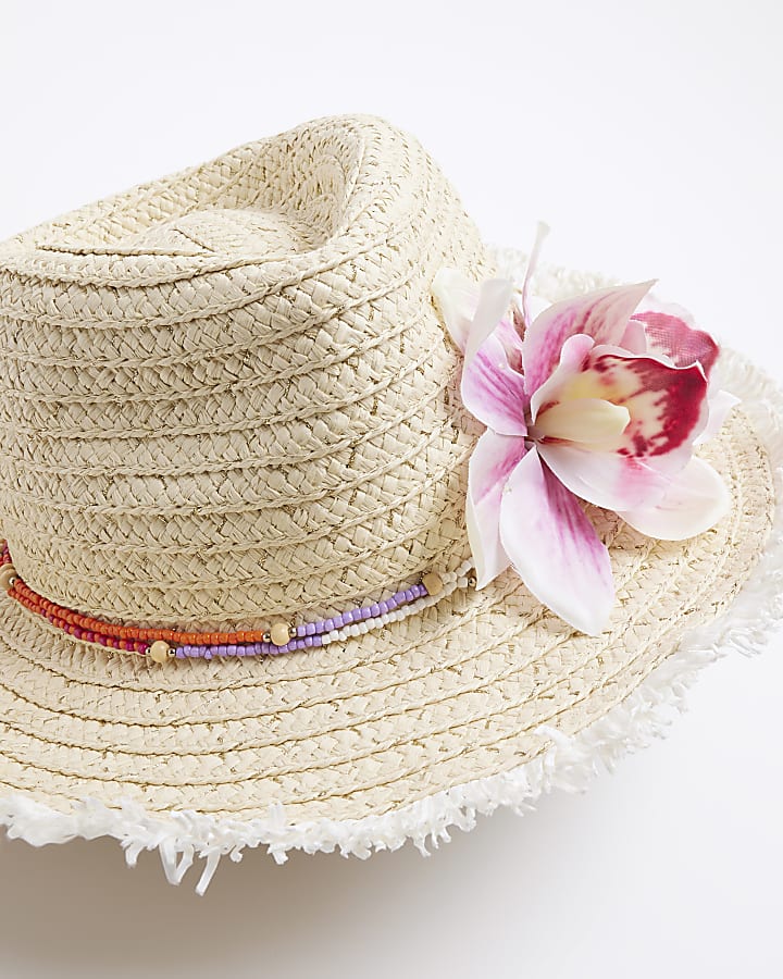 Girls Beige Orchid Straw Cowboy Hat