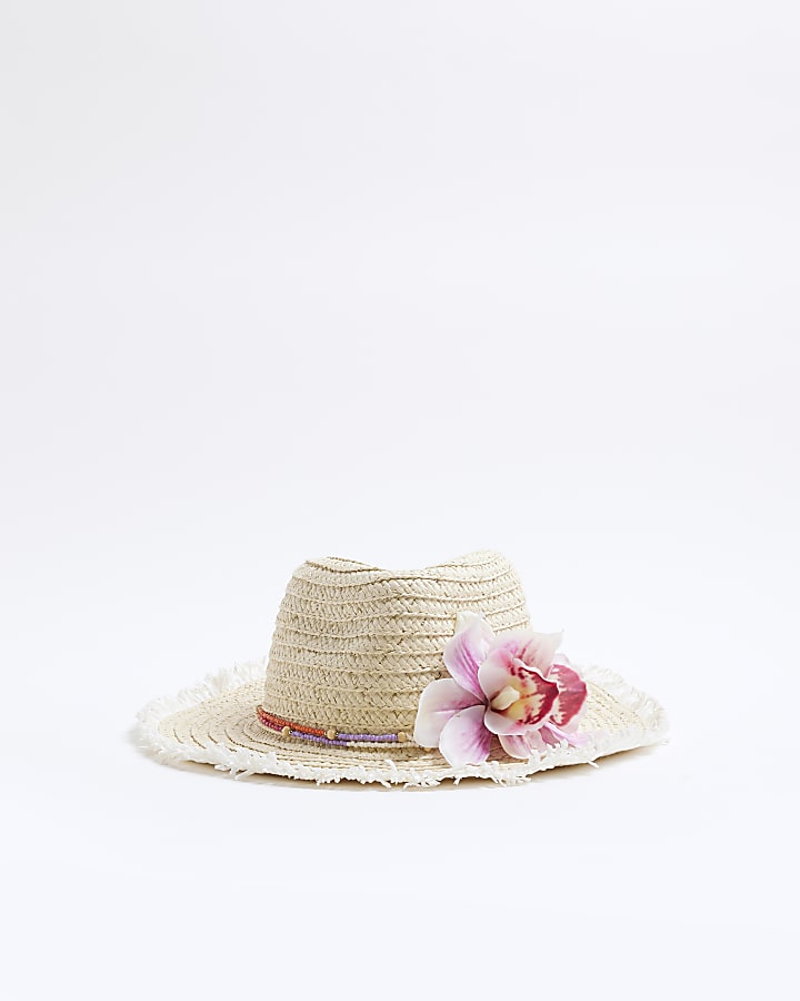 Girls Beige Orchid Straw Cowboy Hat