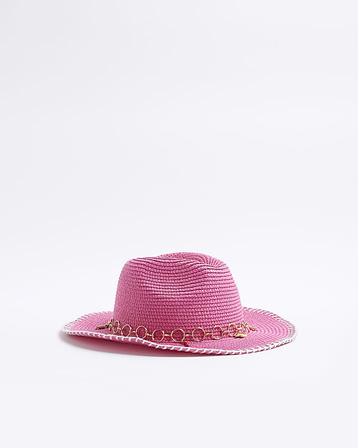 Girls Pink Straw Fruit Trim Cowboy Hat