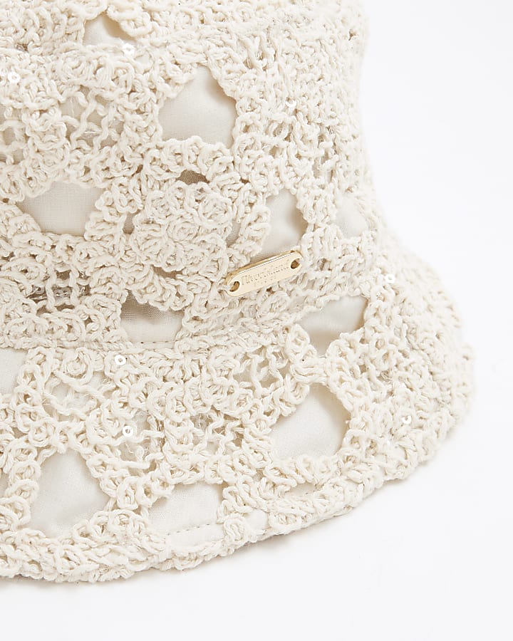 Mini Girls Beige Sequin Crochet Bucket Hat