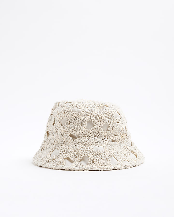 Mini Girls Beige Sequin Crochet Bucket Hat