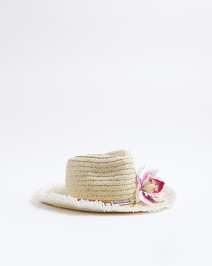 Mini Girls Beige Orchid Straw Cowboy Hat