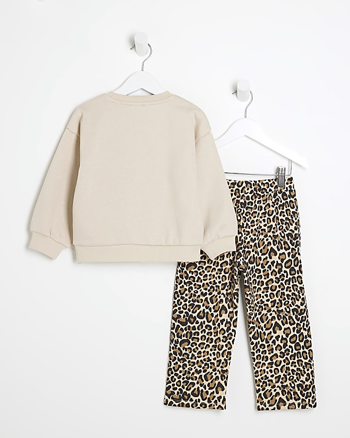 Mini Girls Beige Pocket Sweat Leopard Set