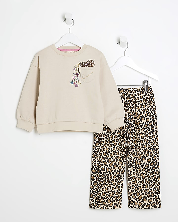 Mini Girls Beige Pocket Sweat Leopard Set