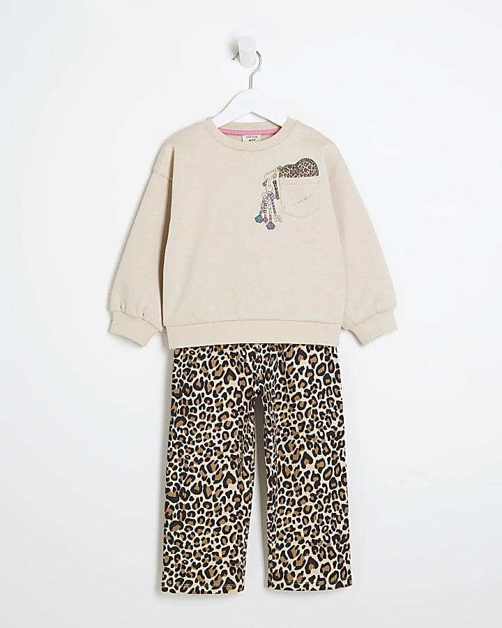 Mini Girls Beige Pocket Sweat Leopard Set