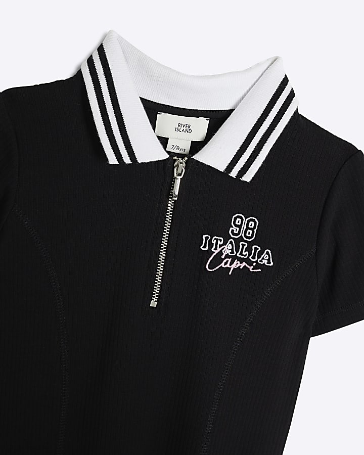 Girls Black Ribbed Quarter Zip Italia Dress