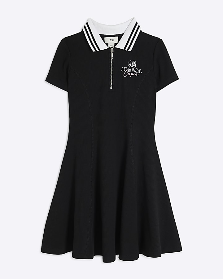 Girls Black Ribbed Quarter Zip Italia Dress