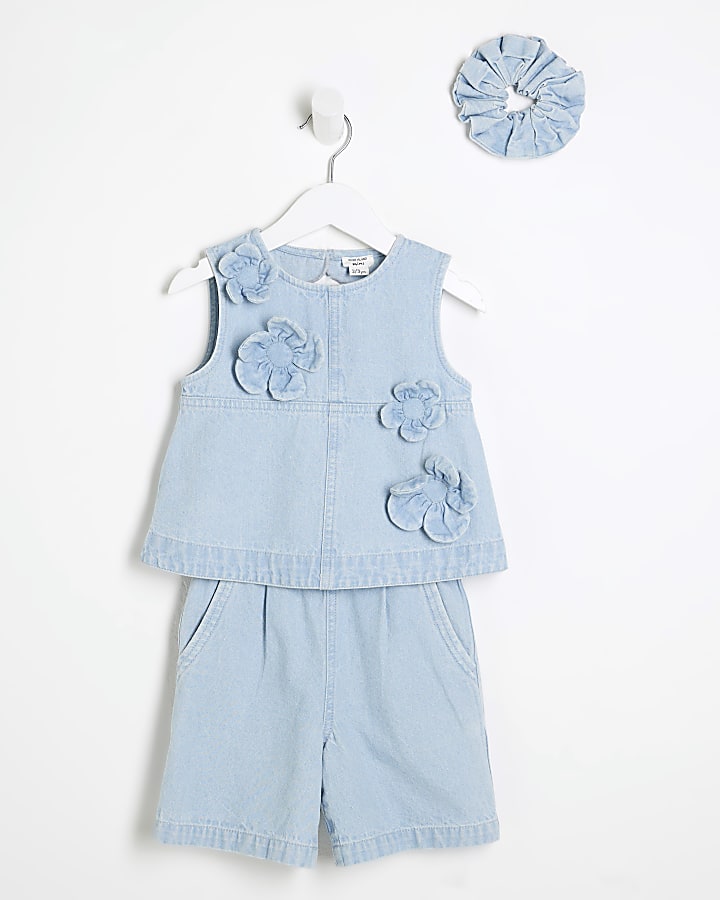 Mini Girls Denim Outfit And Scrunchie Set