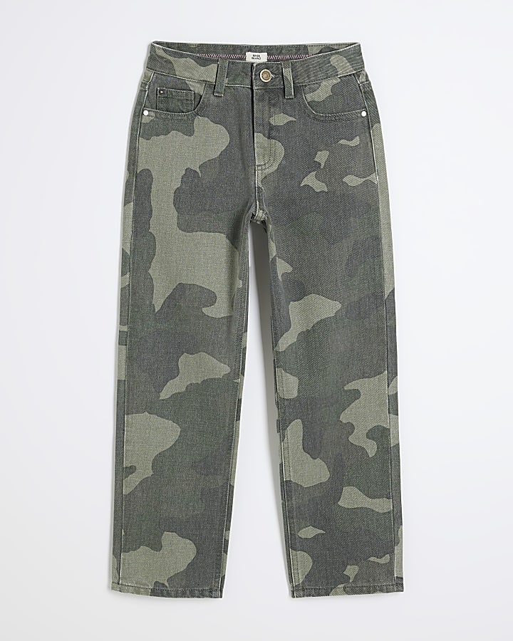 Girls Khaki Denim Camo Straight Leg Jeans