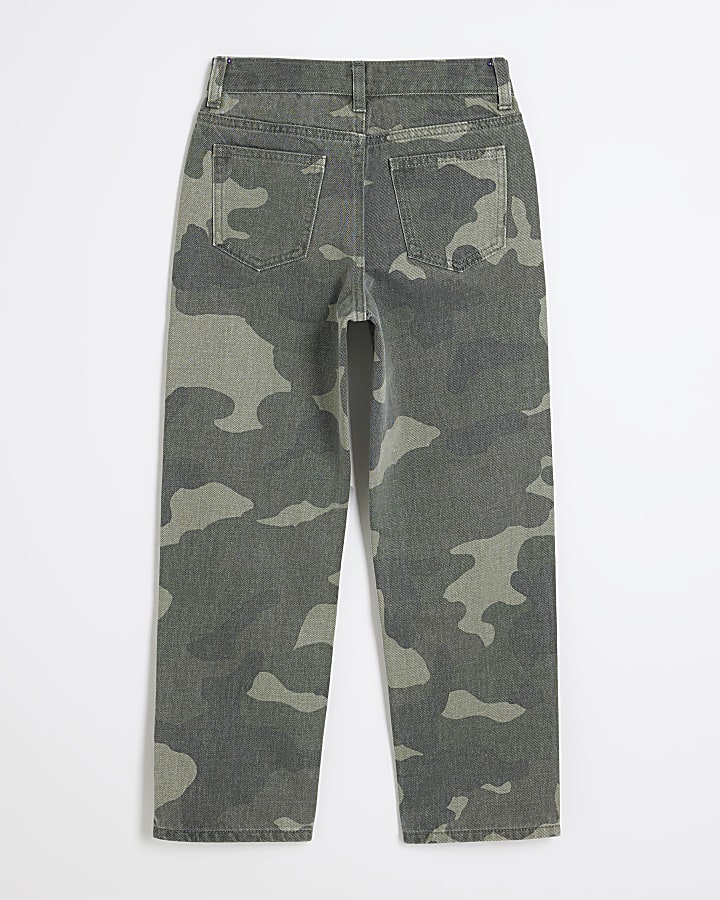 Girls Khaki Denim Camo Straight Leg Jeans