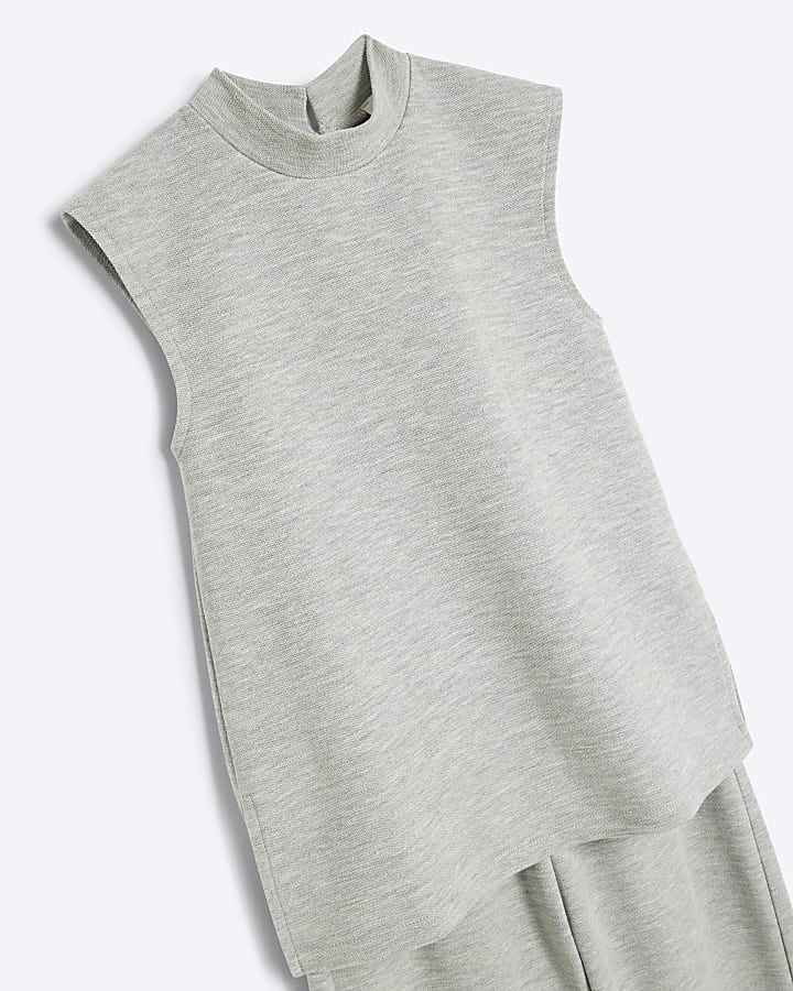 Girls Grey Sleeveless High Neck Top Set