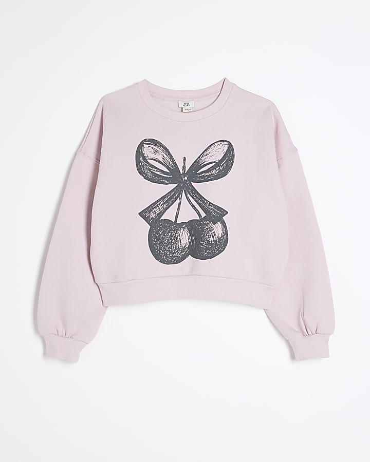 Girls Pink Cherry Bow Sweatshirt