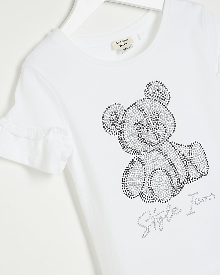 Mini Girls White Glitter Bear T-Shirt