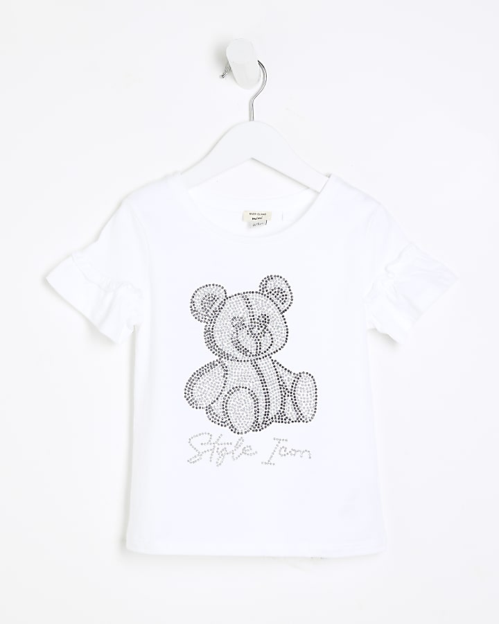 Mini Girls White Glitter Bear T-Shirt