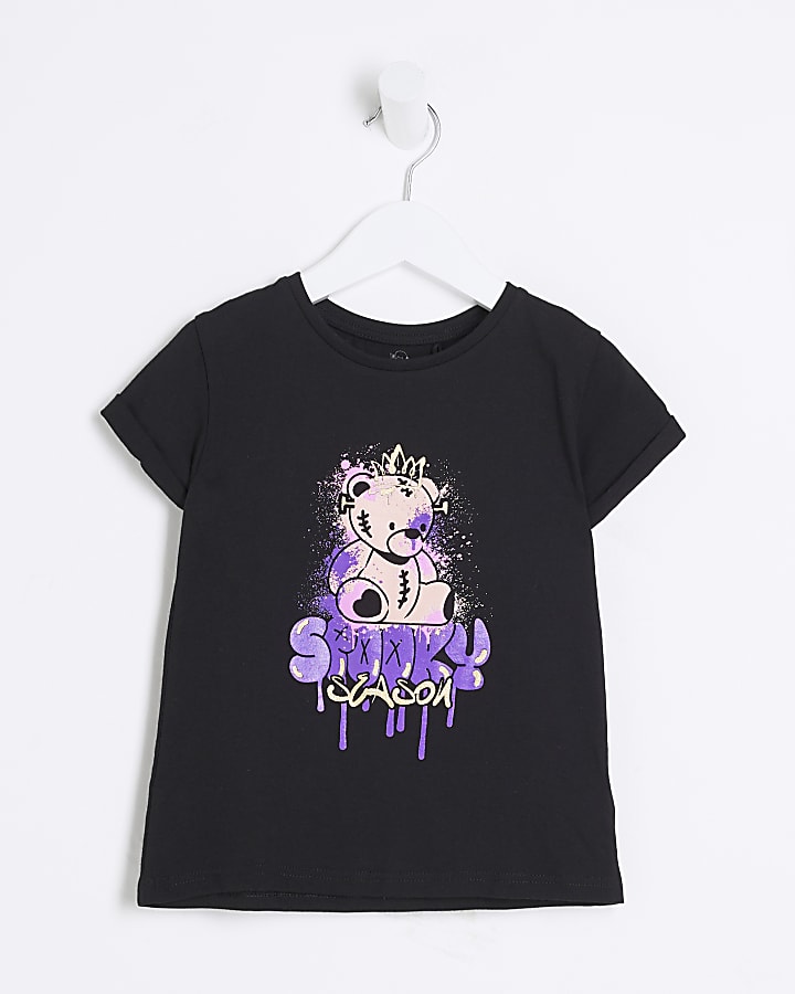 Mini Girls Black Halloween Bear T-Shirt