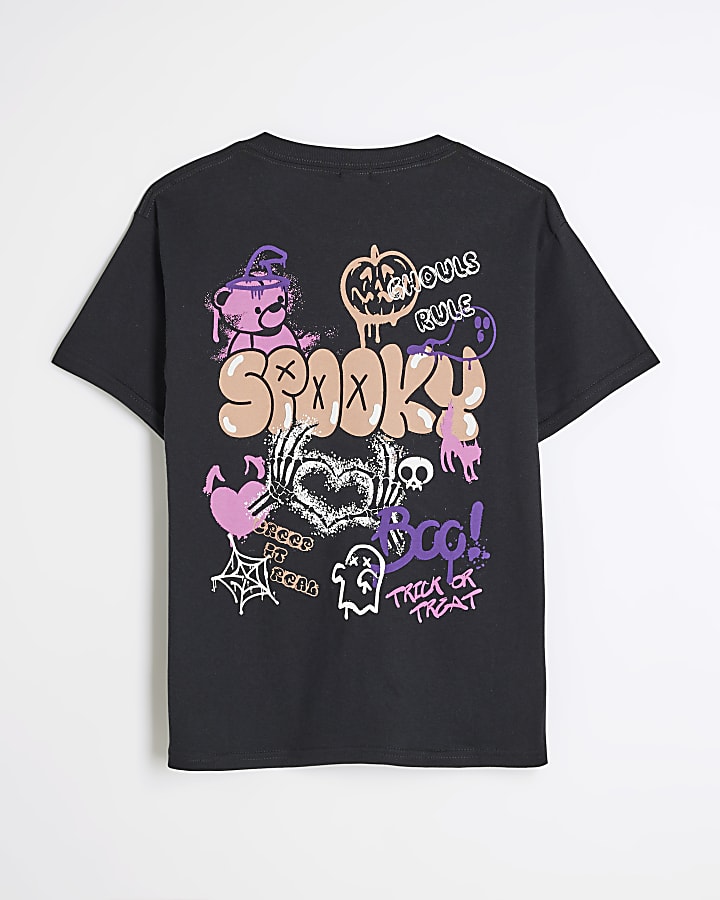 Girls Black Spooky Season Bear T-Shirt