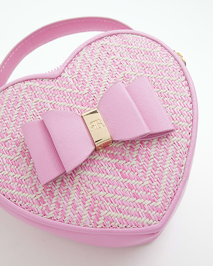 Pink Raffia Heart Cross Body Bag