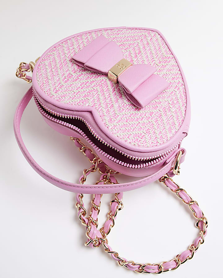 Pink Raffia Heart Cross Body Bag