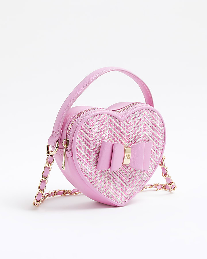 Pink Raffia Heart Cross Body Bag