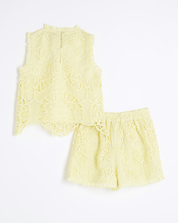 Girls Yellow Lace Top And Shorts Set