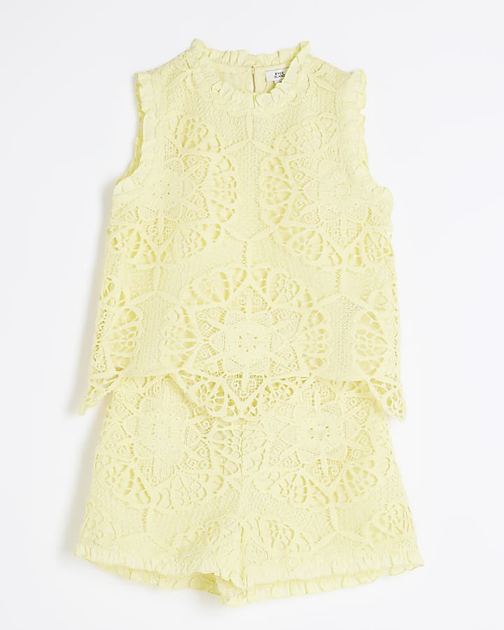 Girls Yellow Lace Top And Shorts Set