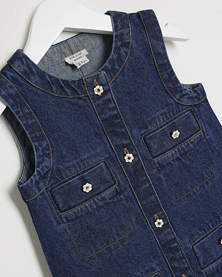 Mini Girls Blue Denim Buttoned Pinafore Dress