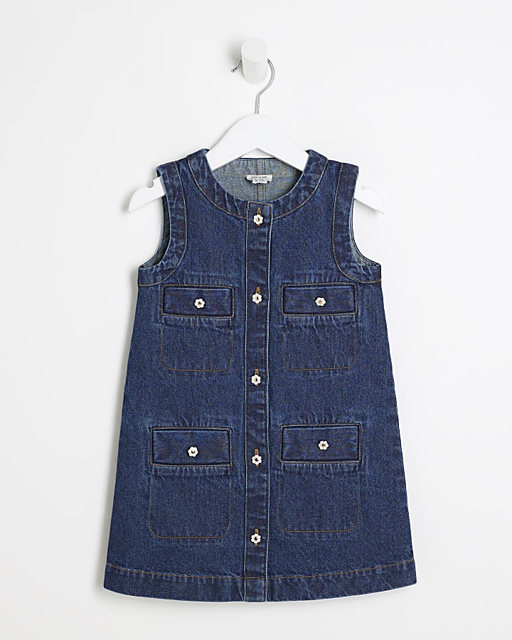 Mini Girls Blue Denim Buttoned Pinafore Dress