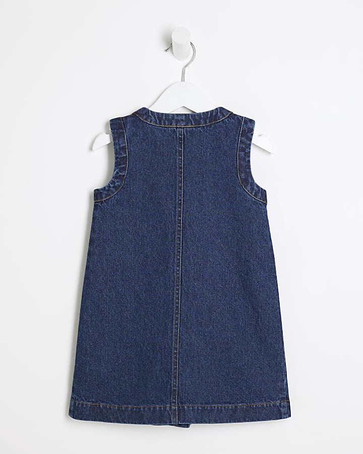 Mini Girls Blue Denim Buttoned Pinafore Dress