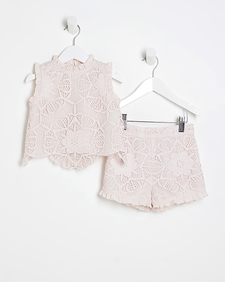 Mini Girls Pink Lace Top And Shorts Set