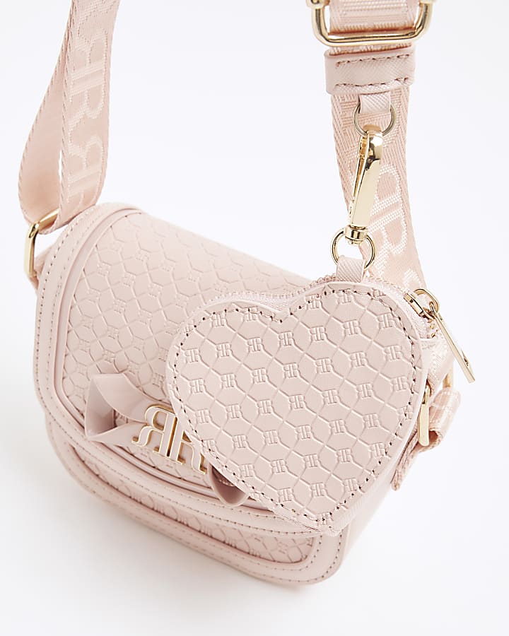 Girls Pink Embossed Monogram Cross Body Bag