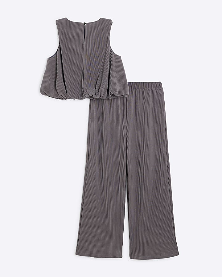 Girls Grey Bubble Hem Top And Trousers Set