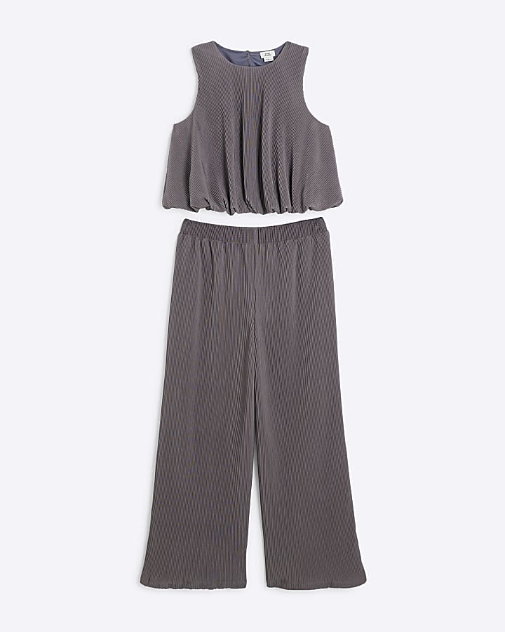 Girls Grey Bubble Hem Top And Trousers Set