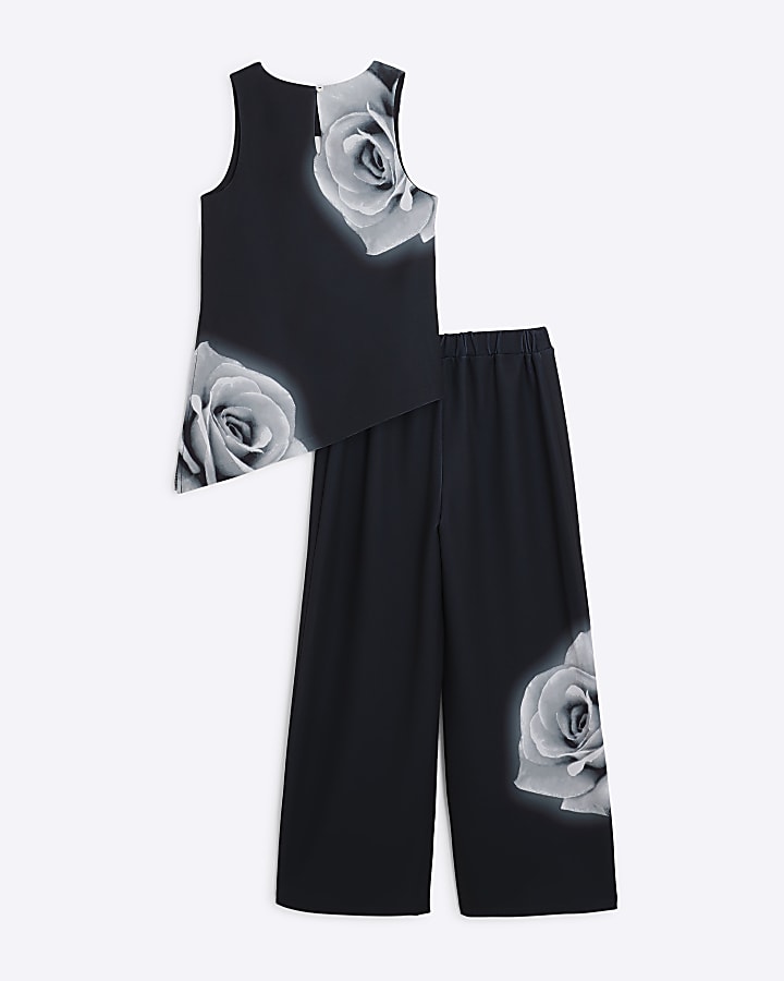 Girls Black Scuba Rose Wide Leg Set