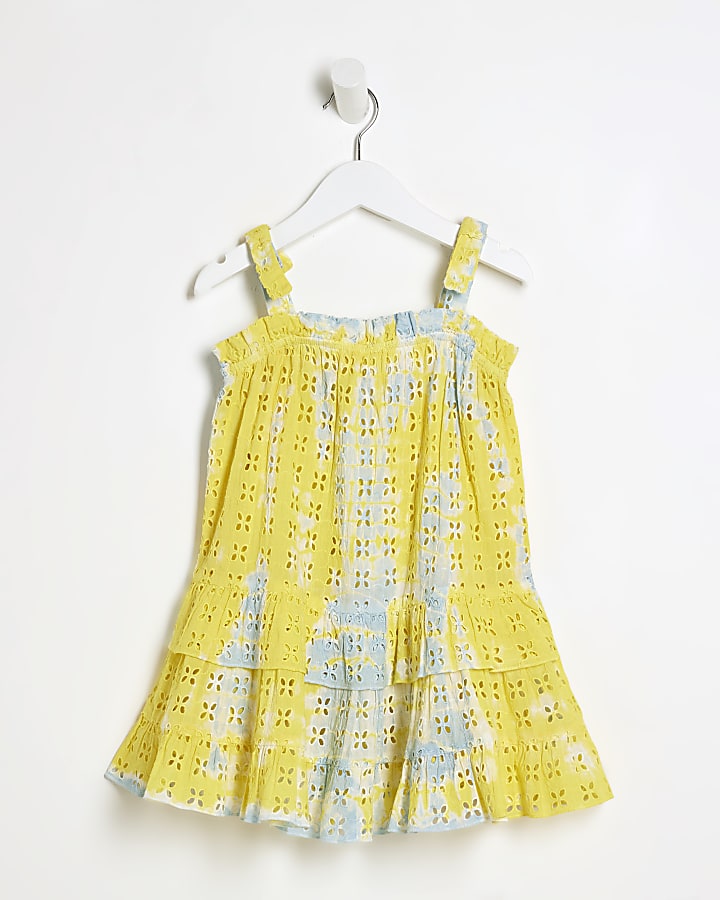 Mini Girls Yellow Broidery Tie Dye Dress