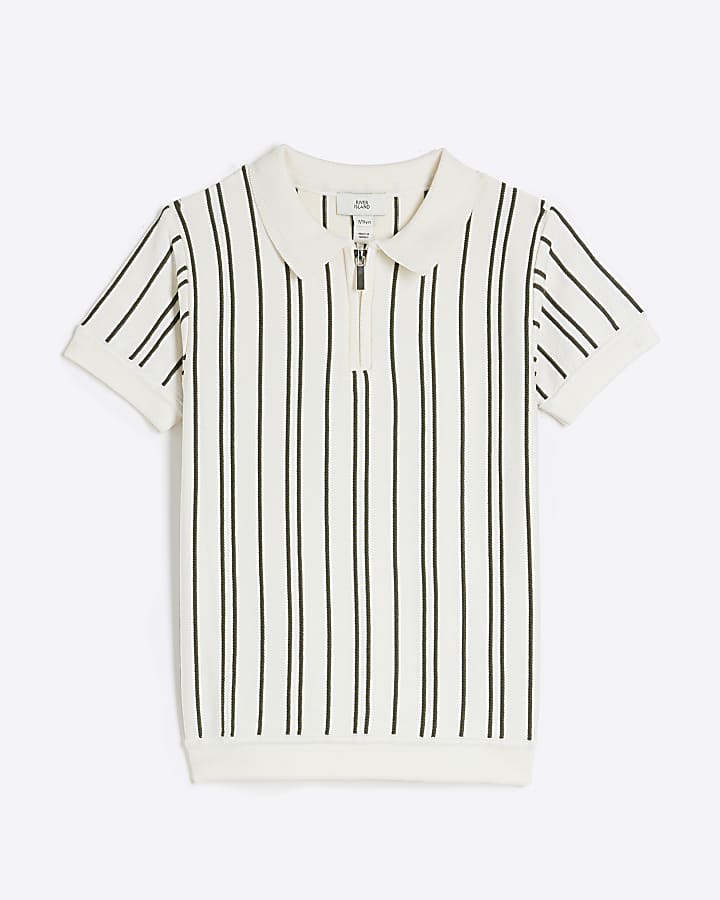 Boys Cream Vertical Stripe Polo Knitted Shirt