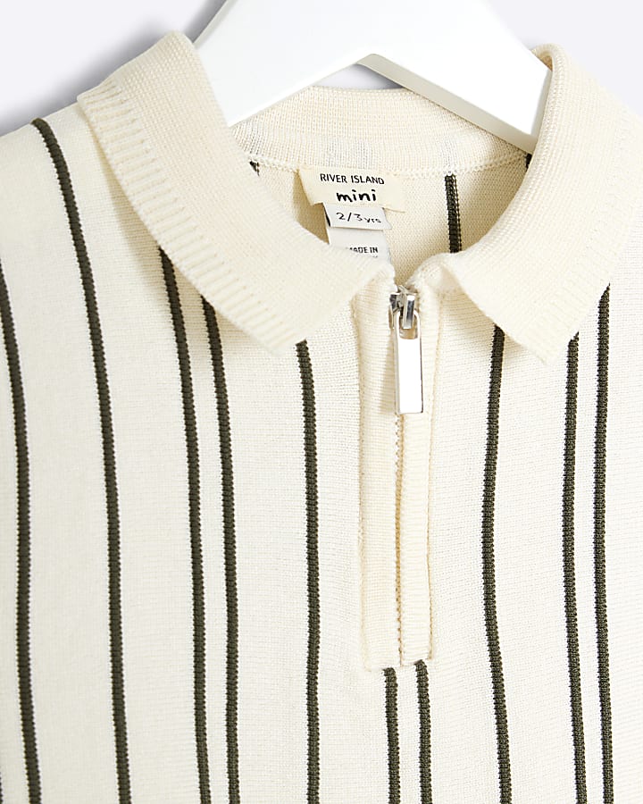 Mini Boys Cream Stripe Knitted Polo Shirt