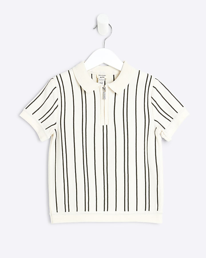 Mini Boys Cream Stripe Knitted Polo Shirt