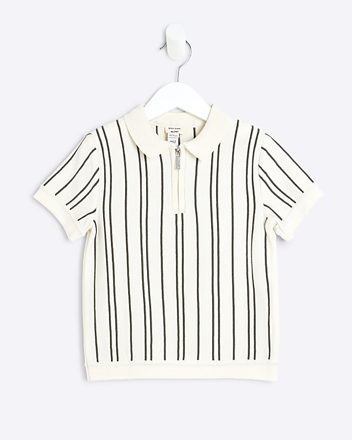 Mini Boys White Stripe Knitted Polo Shirt