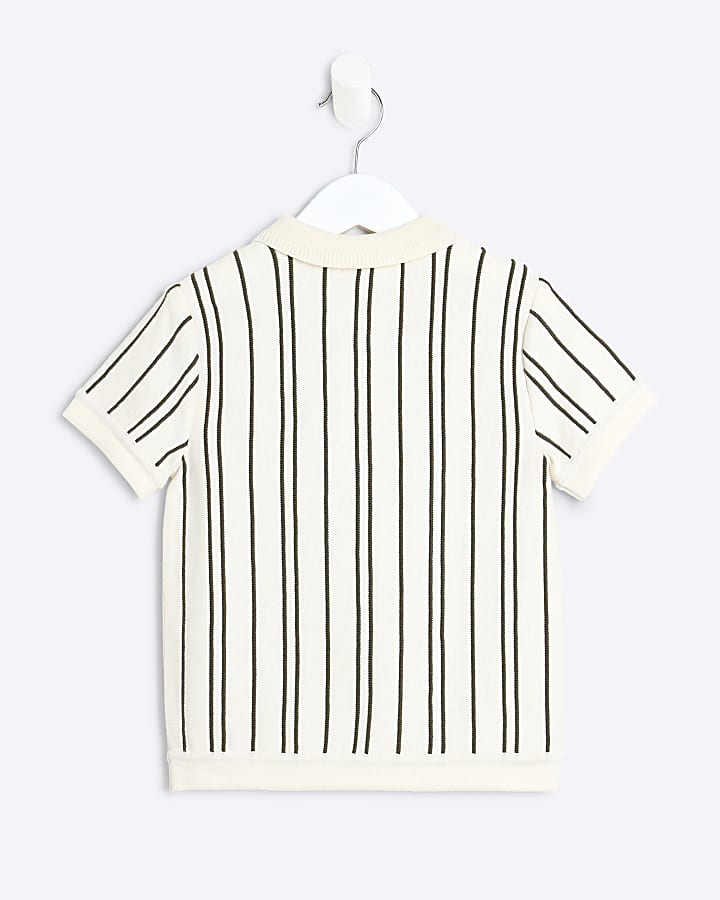 Mini Boys Cream Stripe Knitted Polo Shirt