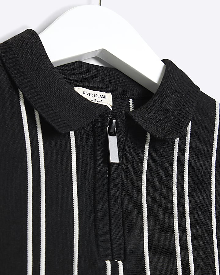 Mini Boys Black Stripe Polo Knitted Shirt