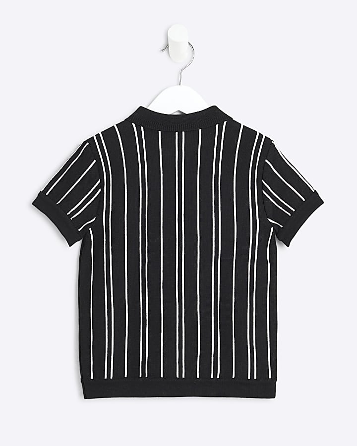 Mini Boys Black Stripe Polo Knitted Shirt