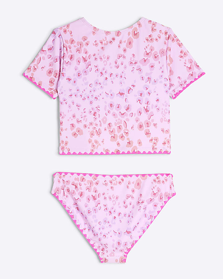 Girls Pink Leopard T-Shirt Bikini Set