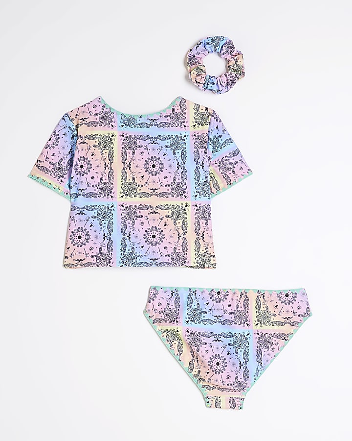 Girls Purple Bandana Print T-shirt Bikini Set